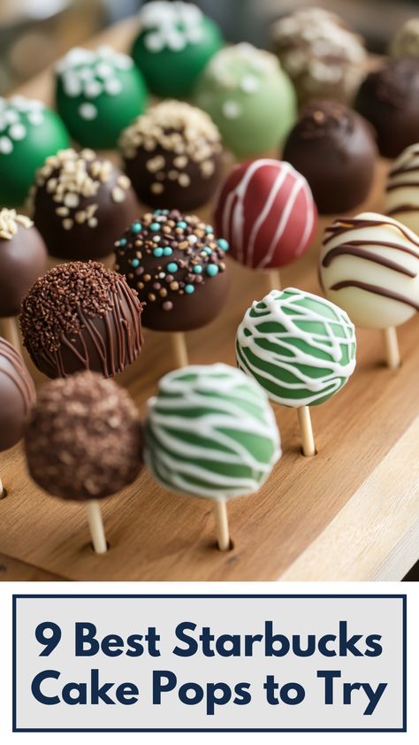 Close-up of a variety of Starbucks cake pops displayed on a wooden board, featuring decorations and different flavors perfect for a sweet treat. Starbucks Cake Pops Recipe, Cake Pop Flavors, Starbucks Cake Pops, Perfect Cake Pops, Starbucks Cake, Tasty Dessert, Cake Pop Recipe, Sweet Cravings, Starbucks Recipes