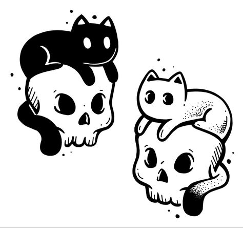 Cat And Skull Tattoo, Skull Tattoo Designs, Skull Tattoo, Tattoo Ideas, Tattoo Designs, Black And White, Tattoos, White, Black