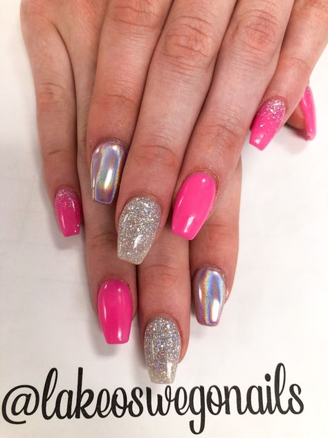 Hot Pink And Silver Nail Designs, Silver And Hot Pink Nails, Neon Nails With Chrome, Disco Party Nails, Pink Disco Nails, Neon Pink Chrome Nails, Hot Pink Nails With Chrome, Hot Pink And Silver Nails, Neon Pink Nails With Glitter