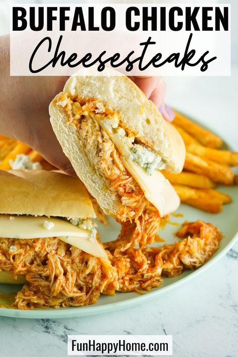 Buffalo Chicken Cheesesteak, Chicken Cheesesteak Recipe, Franks Buffalo Chicken, Buffalo Chicken Sandwich, Chicken Cheesesteak, Hot Sandwich Recipes, Chicken Subs, Cheesesteak Sandwich, Shredded Buffalo Chicken