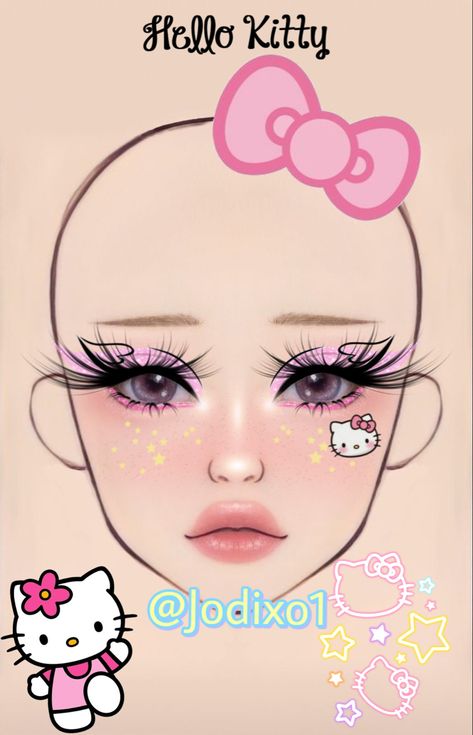 #hellokitty #makeup #facechart Cute Hello Kitty Makeup, Hello Kitty Makeup Ideas, Hello Kitty Makeup Halloween, Hello Kitty Inspired Makeup, Hello Kitty Eye Makeup, My Melody Makeup Look, Sanrio Makeup Look, Hello Kitty Halloween Makeup, Hello Kitty Makeup Look