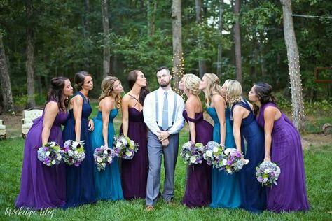 Teal and Purple Wedding Color Combos 2024, Mismatched Teal and Purple Bridesmaid Dresses, Teal and Purple Wedding Bouquets Teal Wedding Table, Teal And Purple Wedding, Purple Teal Wedding, Blue And Purple Orchids, Purple Turquoise Wedding, Purple Centerpiece, Dark Purple Wedding, Blue Purple Wedding, Magenta Wedding