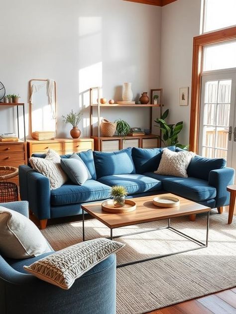 23 Blue Couch Living Room Ideas Area Rugs With Blue Couch, Light Blue Sofa Decor, Blue Living Room Couch Ideas, Light Blue Couch Living Room Decor, White Walls Blue Couch, Blue Couch Mid Century Living Room, Living Room Ideas With Blue Couch, Blue And Leather Living Room, Mid Century Modern Living Room Blue