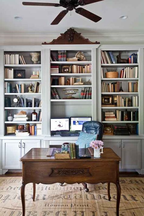 Furniture Pediment used a New Way www.cedarhillfarmhouse.com Georgian Office, Farmhouse Study, Farmhouse Bookcase, French Study, French Office, Farmhouse Office Decor, Cedar Hill Farmhouse, Shelf Inspiration, Library Reading