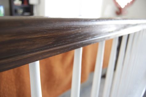 Before and After Gel Stained Stair Rail | matsutake Stairs Diy Renovation, Painted Banister, Refinish Stairs, Oak Banister, Redo Stairs, Diy Stair Railing, Stair Walls, Wrought Iron Stair Railing, Stair Makeover