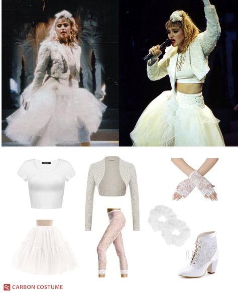 Madonna Like A Virgin Outfit, Madonna White Outfit, Madonna Outfits Concert, Madonna Costume Ideas, Like A Virgin Madonna Costume, Madonna Costume Halloween, Madonna Like A Virgin Costume, Madonna Inspired Outfits, Madonna Costume Diy