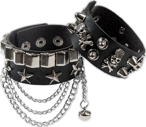 PRICES MAY VARY. 【Multiple Colors】Available in multiple colors—black, pink, white, and red, 8.66in. 【Grunge & Punk】Featuring a bold and rebellious look with skulls and star studs, complemented by hanging chains that add a touch of rugged charm. These bracelets embody the essence of punk and grunge aesthetics, perfect for making a strong fashion statement. 【Leather & Metal Inlay】Crafted from high-quality leather for durability and comfort, these bracelets are adorned with metal charms and studs, Emo Mode, Punk Braids, Grunge Accessories, Mode Punk, Moda Emo, Moda Punk, Leather Wristbands, Star Chain, Rock Punk