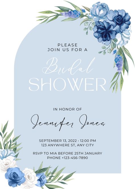 "Beautiful something blue Bridal Shower invitation. Template can be customized AND edited using a personal CANVA link.  While printing ensure to use a high quality printer or have the invitation professionally printed. This is a great way to let all your friends and family know about your upcoming event. Print out or send as a Text Message  WHAT'S INCLUDED  - 5\"x7\" Bridal Shower Invitation Template  Get immediate access to your invitation template to begin making changes and create a great inv Blue Bridal Shower Invitations, Bridal Party Invitations, Something Blue Bridal, Blue Bridal Shower, Making Changes, Bridal Shower Invitations Templates, Floral Bridal Shower Invitations, Blue Bridal, Floral Bridal Shower