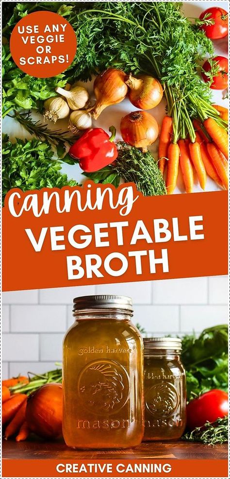 Learn canning vegetable broth to create a rich, homemade base for your meals. This flavorful broth, made from fresh vegetables or leftover scraps, is perfect for soups, stews, or as a warm, nutritious drink. Stock your pantry with this healthy alternative to store-bought options. Find more vegetable recipes, canning vegetables, preserving vegetables, and Canning Recipes for Beginners at creativecanning.com. Canning Homemade Vegetable Broth, Canning Vegetable Stock, Canning Vegetable Broth, Canning Broth, Vegetable Broth From Scraps, Canning Stock, Canning For Beginners, Canning Beans, Canning Jam Recipes