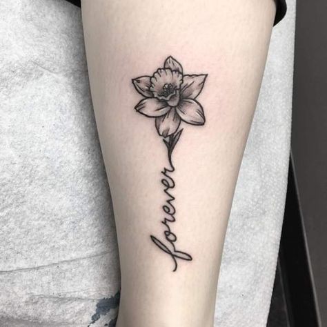 Narcissus Flower Tattoo With Name, Daffodil With Name Tattoo, Daffodil Tattoo With Name In Stem, Daffodil Name Tattoo, Daffodil Tattoo Wrist, Daffodil Memorial Tattoo, Daffodil Tattoo Men, Daffodil Finger Tattoo, Dafidol Flowers Tattoo