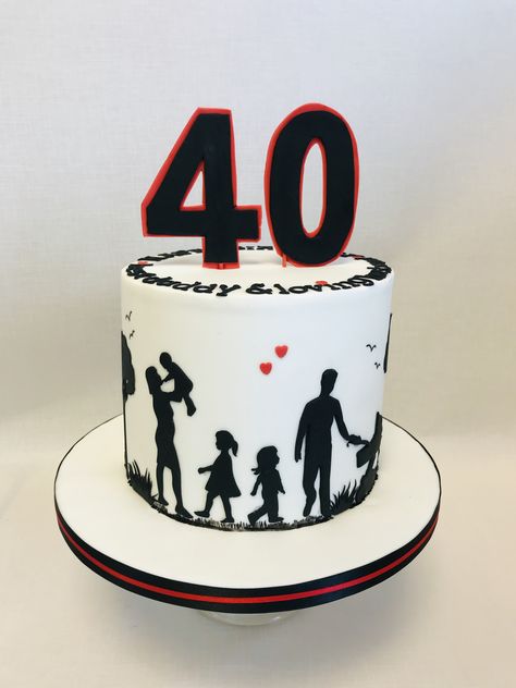 Small 40th birthday cake with family silhouette theme Small 40th Birthday Cake, Birthday Cake 40th Man, 40th Birthday Ideas For Men Cake, 60th Birthday Cake For Mom, Silhouette Cakes, Fondant Fish, Birthday Cake For Father, Husband 40th Birthday, Family Silhouette