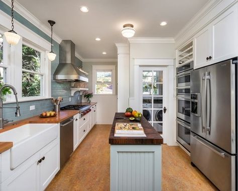 Galley Kitchen Island, Narrow Kitchen Design, Long Narrow Kitchen, Narrow Kitchen Island, Kitchen With An Island, Vintage Kitchen Remodel, Building A Kitchen, Kitchen Design With Island, Church Furniture