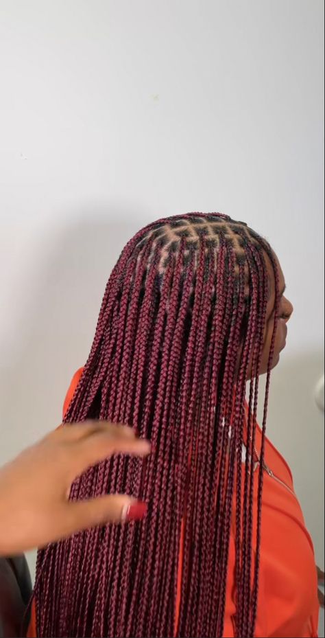 Blonde And Maroon Braids, Red Braids On Black Women, Red Braids Curly Ends, Burgandy Knotless Braids Black Women, Ruby Red Knotless Braids, Knotless Box Braids Medium Burgundy, Red Knotless Braids On Black Hair, Burgundy Knotless Braids On Black Hair, Red Burgundy Braids