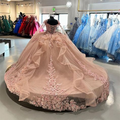 Light Pink Lace Applique Off The Shoulder Cape Quinceanera Dress Ball Gown Sweet Sixteen Dress Quinceanera Dresses With Cape, Light Pink Quinceanera Dresses, Mint Gown, 15 Quinceanera, Ball Gown Quinceanera Dresses, Floral Ball Gown, Quinceanera Pink, Quinceanera Themes Dresses, Mexican Quinceanera Dresses