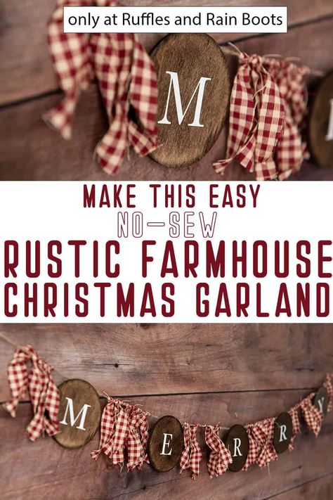 Diy Christmas Ornaments Rustic Country, Farmhouse Tree Garland, Christmas Fabric Garland Ideas, Country Garland Ideas Rustic, Homemade Rustic Christmas Decorations, Diy Rustic Tree Ornaments, Rustic Garland Christmas, Diy Christmas Signs Wood Simple, Country Christmas Crafts Diy