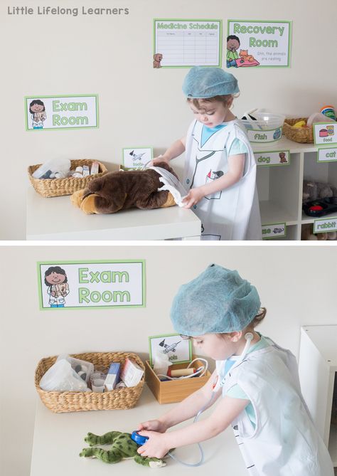 Vet Clinic Dramatic Play Area - Little Lifelong Learners Vet Clinic Dramatic Play, Clinic Dramatic Play, Dramatic Play Themes, Role Play Areas, Dramatic Play Preschool, Dramatic Play Area, Vet Clinic, Dramatic Play Centers, Vet Clinics