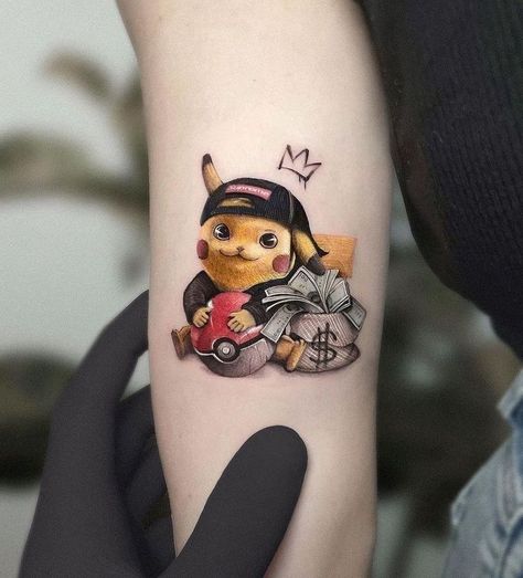 Pikachu Realistic, Realistic Color Tattoo, Pikachu Tattoo Design, Kozo Tattoo, Groot Tattoo, Deadpool Tattoo, Pikachu Tattoo, Tattoo Process, Elements Tattoo