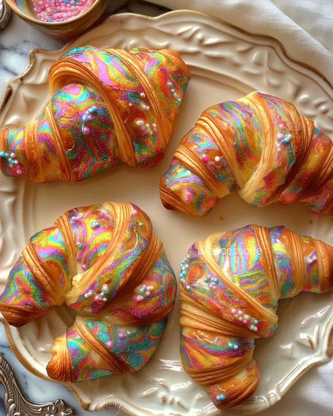 Unicorn croissants 🦄🥐 #croissant #gourmet #foodie #shiny #sparkle #iridescent #iridescentart #aiart #breakfast Croissant Art, Jelly Food, Super Hiro, Sweets Photography, Diy Rhinestone Crafts, Bubble Drink, Leave A Review, Foodie Art, Rhinestone Crafts