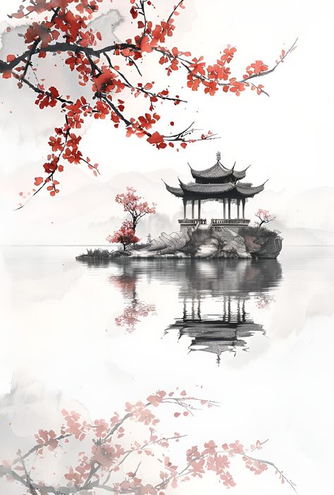 Discover the beauty of autumn with this serene East Asian-inspired art. Perfect for modern decor, save & follow for more unique finds! Embrace the charm of vibrant red leaves and tranquil scenes. Shop now for this art print. #ArtPrint #HomeDecor #AutumnVibes #ModernAesthetic #SaveAndFollow #ImagePrompt #AIImage Modern Chinese Art Painting, Japanese Garden Landscape, Asian Artwork, Chinese Wallpaper, Zen Painting, Chinese Landscape Painting, Chinese Art Painting, Asian Painting, Unique Finds