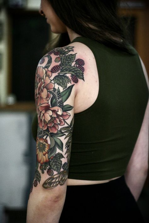 kirsten makes tattoos — Garden half sleeve I’ve been working on since... Natur Tattoo Arm, Shoulder Sleeve Tattoos, 16 Tattoo, Nature Tattoo Sleeve, Tattoos For Women Half Sleeve, Tato Lengan, Floral Tattoo Sleeve, Cat Tattoos, Gorgeous Tattoos