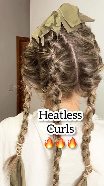 easy hair tutorials! on Instagram: "Heatless curls! I ties 3 pieces of fabric together. You can use old towels, fabric, hair scarves, robe ties, or whatever you have on hand! I normally use a robe tie but I didn’t have two robe ties to tie together, so the fabric worked great! Sometimes when I do robe curls with just two sections of hair, I notice the back of my head doesn’t get as curly as the front. This method, with 3 sections of hair, worked great at curling the back and the front! Definitel How To Curl Hair With Robe Tie, Heartless Curls Robe Tie, Heatless Curls With Robe Tie, Robe Tie Curls, Heatless Curls Overnight Robe Tie, Heartless Curls Overnight Robe Tie, Scarf Tutorial, Old Towels, Heatless Curls