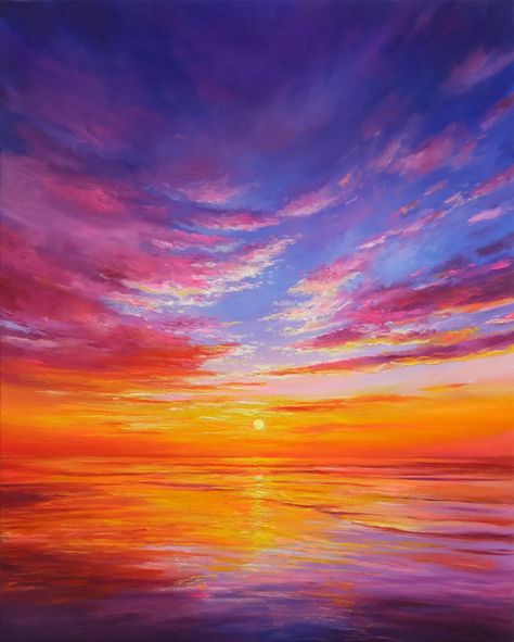 Vibrant Sunset Painting, Sunsets Over Water, Colorful Sunset Painting, Pinturas Acrilicas Cuadros Ideas, Sunset Over Water Painting, Landscape Pictures To Paint, Sunrise Painting Acrylic, Sunsets Paintings, Sunrise Canvas Painting