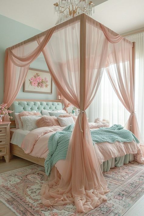 Canopy Bed With Curtains, 4 Poster Bed Canopy, Bed With Curtains, White Canopy Bed, Canopy Bed Curtains, Canopy Beds, Canopy Bedroom, Cosy Living, Soft Pastel Colors