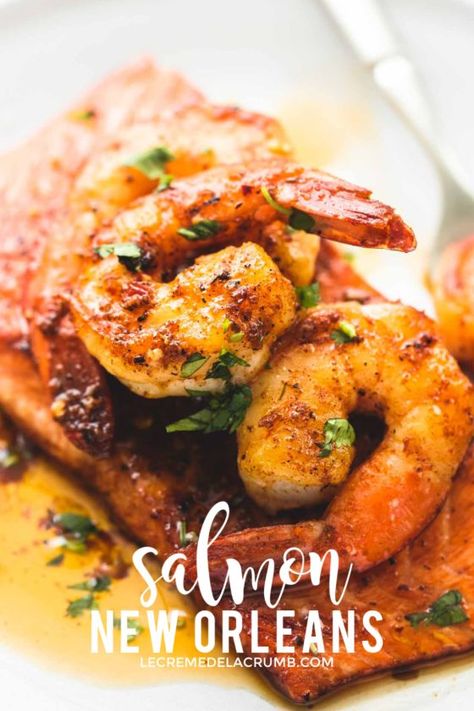 Salmon And Shrimp With Cajun Cream Sauce, Stuff Salmon With Shrimp, Cajun Salmon Dinner Ideas, New Salmon Recipes, Shrimp And Salmon Recipes Dinners, Shrimp And Salmon Dinner, Shrimp Topped Salmon, Shrimp Sauce For Salmon, Cajun Salmon And Shrimp Recipes