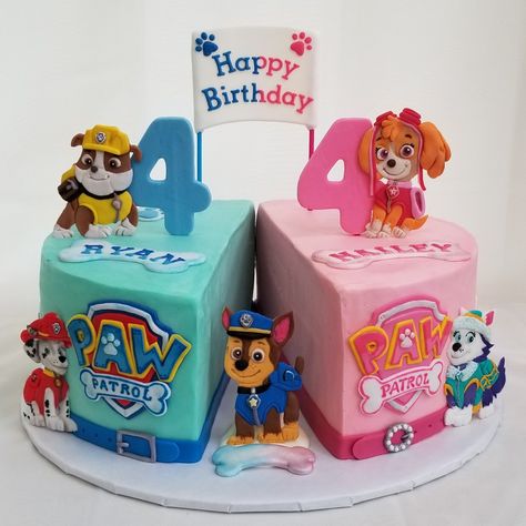 Paw Patrol Twins Birthday Cake, Paw Patrol Cake For Twins, Paw Patrol Twins Birthday, Paw Patrol Sibling Birthday Party, Chase Cake Paw Patrol, Sibling Birthday Cake, Cake For Siblings, Twins Birthday Cake Ideas, Paw Patrol Birthday Cakes