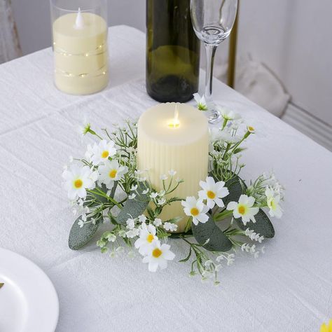 Lily Of The Valley Centerpiece Wedding, Simple Sage Green Wedding Decorations, Rustic Modern Wedding Centerpieces, Short Centerpiece Wedding, Table Pieces For Wedding, Wreaths With Eucalyptus, Daisy Wedding Centerpieces, Sunflower Candle, Candles Jar