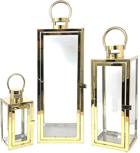 Amazon.com: allgala 3-PC Set Jumbo Luxury Modern Indoor/Outdoor Hurricane Candle Lantern Set with Chrome Plated Structure and Tempered Glass-Cuboid Gold-HD88011 : Home & Kitchen Outdoor Candle Lanterns, Floor Lantern, Gold Lanterns, Large Lanterns, Lantern Candle Decor, Gold Candle Holders, Lantern Set, Outdoor Candles, Candle Lantern