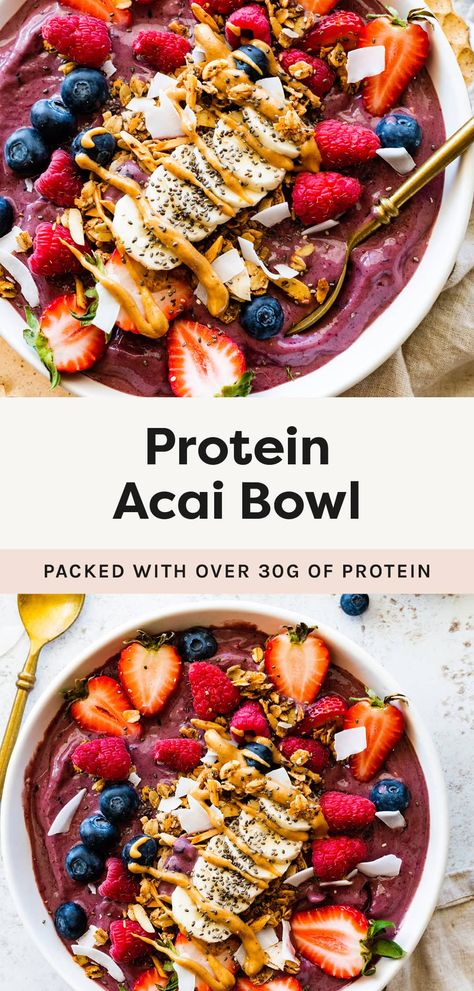 Make a high protein acai bowl with banana, berries, frozen acai puree, greek yogurt, protein powder and all your favorite toppings! It's healthy, super easy to make and packed with over 30 grams of protein. Make Ahead Acai Bowl, Fall Acai Bowl, Greek Yogurt Protein Bowl, Acai Bowl Meal Prep, Protein Acai Bowl Recipe, Keto Acai Bowl, Smoothie Bowl Protein, Acai Bowl Recipes Healthy, Greek Yogurt Protein Powder