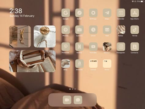 Homescreen Tablet Aesthetic, Aesthetic Ipad Homescreen Layout Beige, Wallpaper I Pad Aesthetic, Aesthetic Ipad Homescreen Layout Brown, Brown Ipad Homescreen, Beige Ipad Homescreen, Ipad Homescreen Ideas Brown, Ipad Homescreen Ideas Aesthetic Beige, Ipad Aesthetic Brown