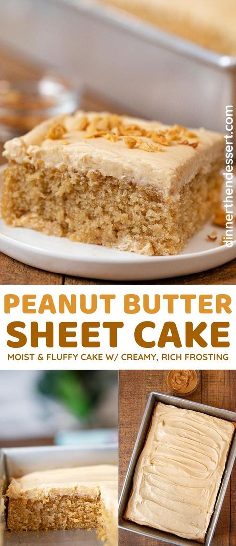 Peanut Butter Sheet Cake is an easy iced sheet cake with double peanut butter flavor. #peanutbutter #cake #sheetcake #dessert #peanutbuttercake #dinnerthendessert Sheetcake Dessert, Easy Peanut Butter Cake, Peanut Butter Sheet Cake, Peanut Cake, Peanut Butter Dessert Recipes, Chocolate Sheet Cake, Butter Cake Recipe, Peanut Butter Cake, Sheet Cake Recipes