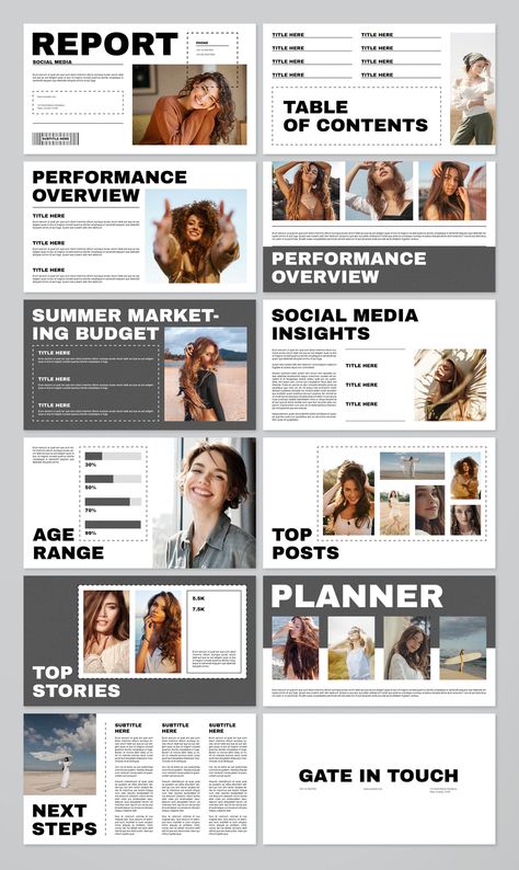 Modern social media report template with creative slides for presenting data and insights in a visually appealing way. Perfect for social media managers, marketers, and entrepreneurs who want to create engaging and effective Social Media Report Template, Report Presentation, Social Media Report, Ppt Template Design, Summer Marketing, Report Design, Portfolio Ideas, Presentation Layout, Business Templates