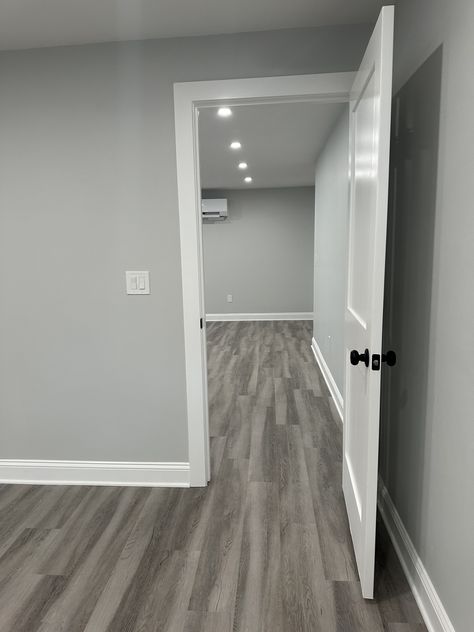 Paint With Gray Floors, Paint To Match Grey Flooring, Grey Walls Wood Floor, White Gray Walls, Light Gray Walls, Grey Interior Paint, House Ceiling, House Trim, House Paint Interior