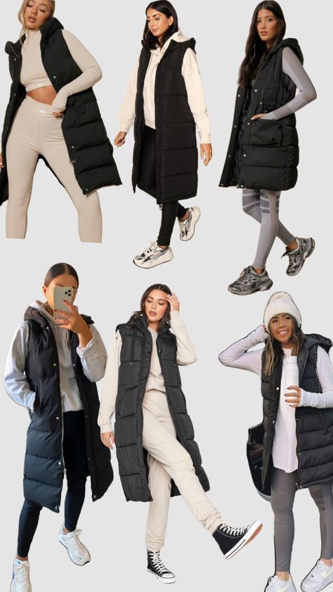 black gilet outfit🖤 #outfit #gilet #outdoors #winter #autumn #fall Longline Gilet Outfit Women, Long Black Vest Outfit Winter, Padded Gilet Outfit Women, Gillet Outfits Women Winter, Long Puff Vest Outfits For Women, Long Gillet Outfits Women, Outfits With Long Puffer Vests, Long Vest Outfits For Women Winter, Style Long Vest