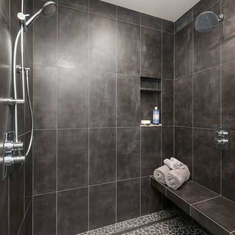 Walk In Shower With Dark Tile, Black Showers Walk In, Grey Walk In Shower Ideas, Bathroom Shower Remodel Ideas Walk In, Black Bathroom Shower Ideas, Gray Walk In Shower Ideas, Masculine Shower Ideas, Amazing Showers Walk In, Black Walk In Shower Ideas