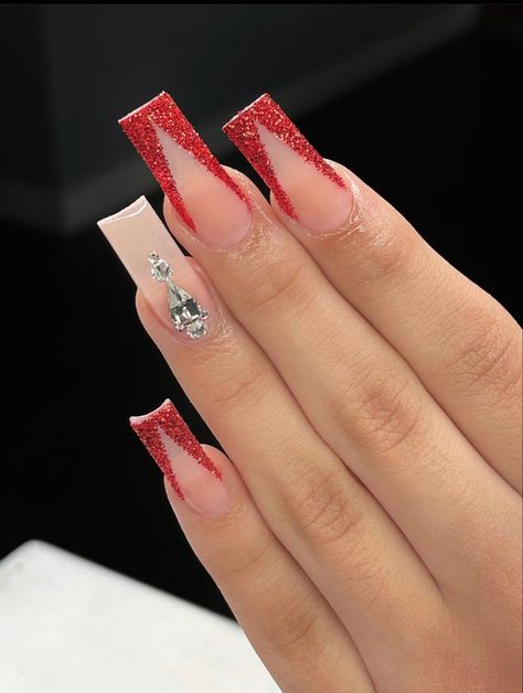 Short Nails Acrylic Red, Red And Silver Christmas Nails, Nails For Winter 2023, Red Nails Square, Silver Christmas Nails, Red And Silver Christmas, Red And Silver Nails, Cute Red Nails, Dance Nails