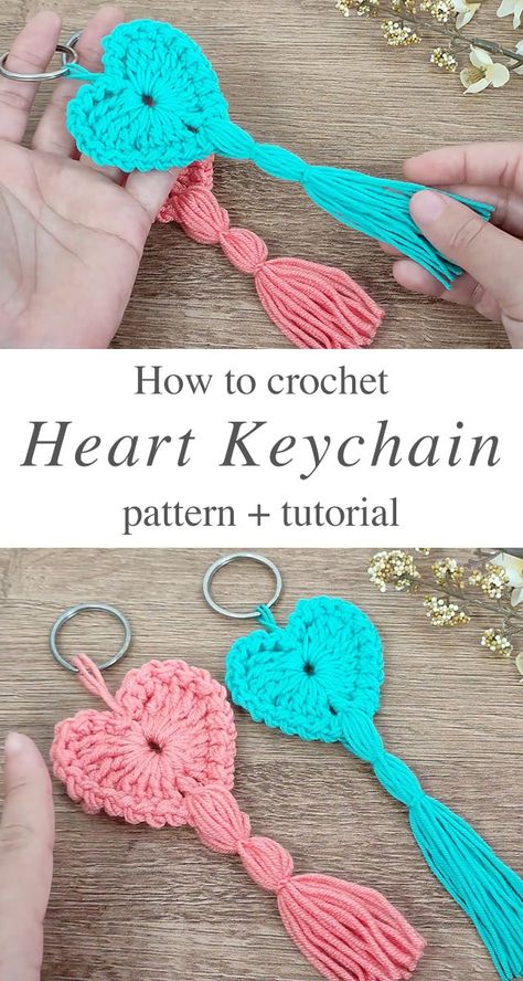 Crochet Heart Keychain Pattern And Tutorial - CrochetBeja Crocheted Keychains, Crochet Heart Keychain, Crochet Keychains, Keychain Pattern, Keychain Ideas, Crochet Heart Pattern, Crochet Keychain Pattern, Pola Amigurumi, Curtains Ideas