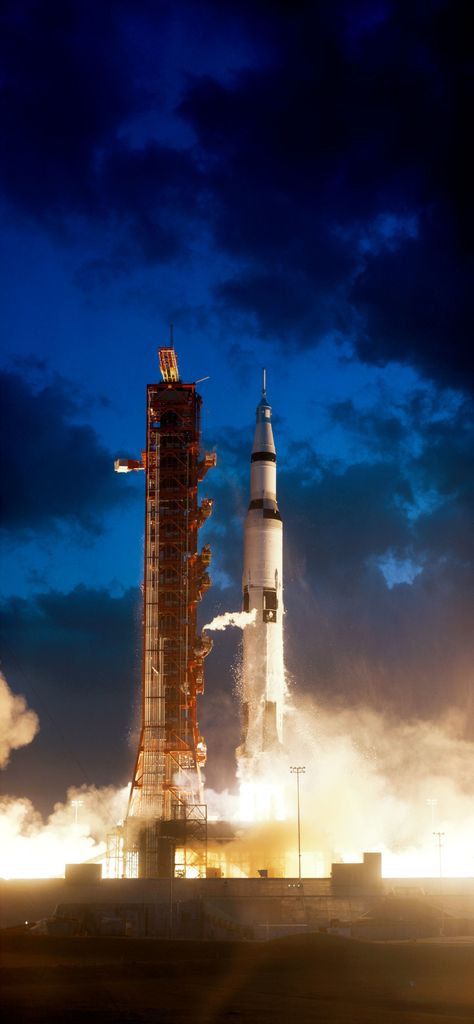 Apollo 4 liftoffThe Apollo 4 unmanned mission lifts off from launch pad 39A at the Kennedy Space Center. This would be the first flight for the enormous Saturn V rocket that would eventually take humans to the Moon. Saturn V, Launch Pad, Black Holes, Space Shuttle, The Space, Nasa, Rocket, The Sky, Black