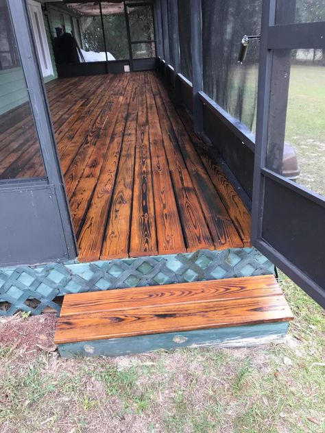 Dark Stain Porch, Painted Porch Floor Wood, Screened Deck, Painted Porch Floors, Screened In Deck, Painted Wood Floors, Porch Remodel, Enclosed Porches, Plywood Flooring