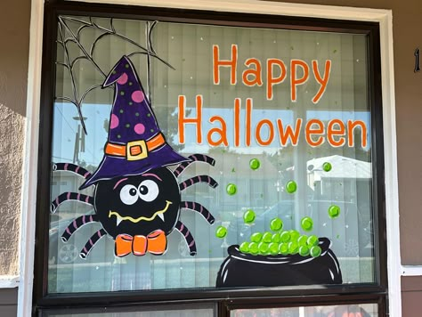 Painted Windows For Halloween, Happy Halloween Window Painting, Halloween Painted Window Ideas, Halloween Windows Painted, Halloween Window Painting Ideas Diy, Halloween Window Display Store Fronts, Easy Halloween Window Painting Ideas, Halloween Painted Windows, Fall Window Art Painting