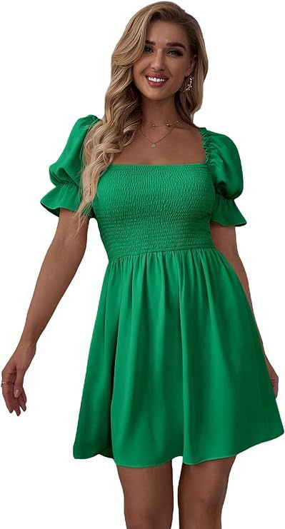 WDIRARA Women's Square Neck Flounce Short Sleeve Shirred Ruffle Hem Dress Flowy Short Dress, Dresses Casual Boho, Light Green Dress, Sage Green Dress, Sage Dress, Green Dress Casual, Teen Dress, Amazon Dresses, Dress Mint