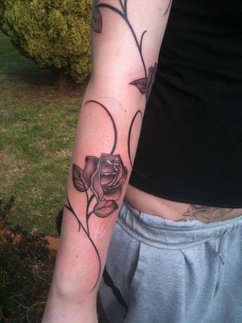 rose vine Small Rose Vine Tattoo, Rose Vine Tattoo Arm, Vine Tattoo Arm, Rose Vine Tattoo, Vine Tattoo Ideas, Rose Vine Tattoos, Flower Vine Tattoos, Yellow Rose Tattoos, Around Arm Tattoo