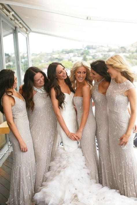 Sparkly silver grey bridesmaid dresses by Rachel Gilbert Sparkly Bridesmaids, Metallic Bridesmaid Dresses, Silver Bridesmaid Dresses, Bridesmaid Dresses 2018, Silver Bridesmaid, Group Of Women, Vivien Leigh, Jean Harlow, Ava Gardner