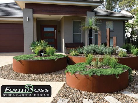 New FormBoss steel option - Project | ODS Corten Steel Raised Garden Beds, Steel Garden Edging, Yard Planters, Australian Garden Design, Australian Native Garden, Corten Steel Planters, Circular Art, Front Garden Design, Australian Garden