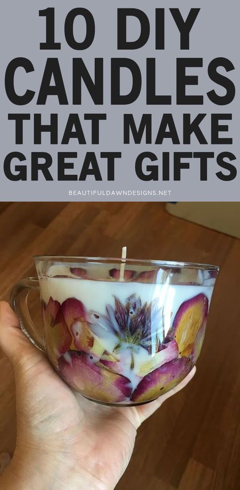 DIY candles make great gifts. You'll find 10 DIY candles that make great gifts for yourself or friends and family. Flower candle. How To Put Flowers In Candles, Diy Beeswax Candles With Dried Flowers, Make Soy Candles Diy, Natural Scented Candles Diy, How To Make Candles With Flowers, Homemade Candle With Flowers, Candle With Flowers Diy, How To Scent Candles With Spices, Citrus Candle Diy