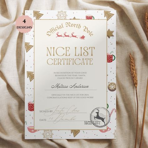 Do you want to add a touch of Christmas magic to your holiday decor? Then this is the perfect product for you! Santa Nice List Certificate canva is an instant download, customizable letter from Santa that you can use as a nice certificate or a festive greeting card. You can personalize it with your own text and images, and make it look official with the included official stamp. Add it to your Christmas Eve box, or use it as a standalone decoration. Get your copy today! (Please note this is a dig Christmas Certificate, Official Nice List Certificate, Santa Nice List Certificate, Santa Nice List, Santa Template, Nice List Certificate, Santa's Nice List, Nice List, Christmas Eve Box