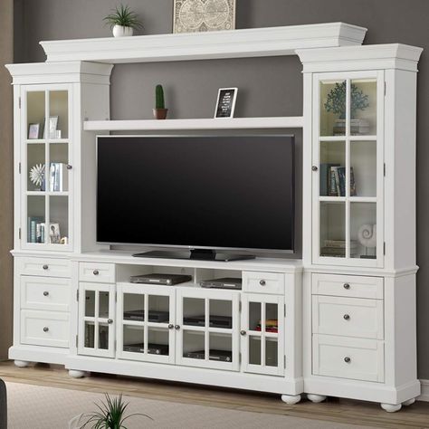 Chelsea Entertainment Wall | Jerome's Furniture White Entertainment Center, Entertainment Wall, Living Room Entertainment, Rack Tv, Parker House, Carriage House, Glass Doors, Wall Unit, Online Furniture Stores